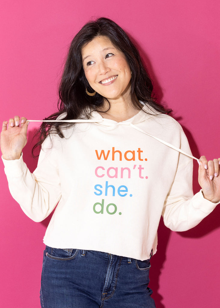 'What Can't She Do' Cropped Hoodie - Bone